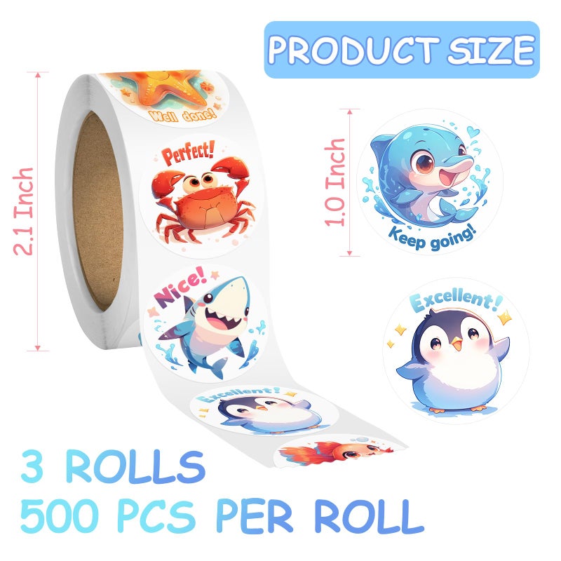 JIXZEN 3 Rolls Animal Stickers for Kids, 1500 PCS Kids Stickers Bulk for Toddlers 2-4, 24 Designs Farm/Ocean/Wild Toddler Stickers with Motivational Words for Kids Reward, School Supplies (1.0 Inch) - Image 3